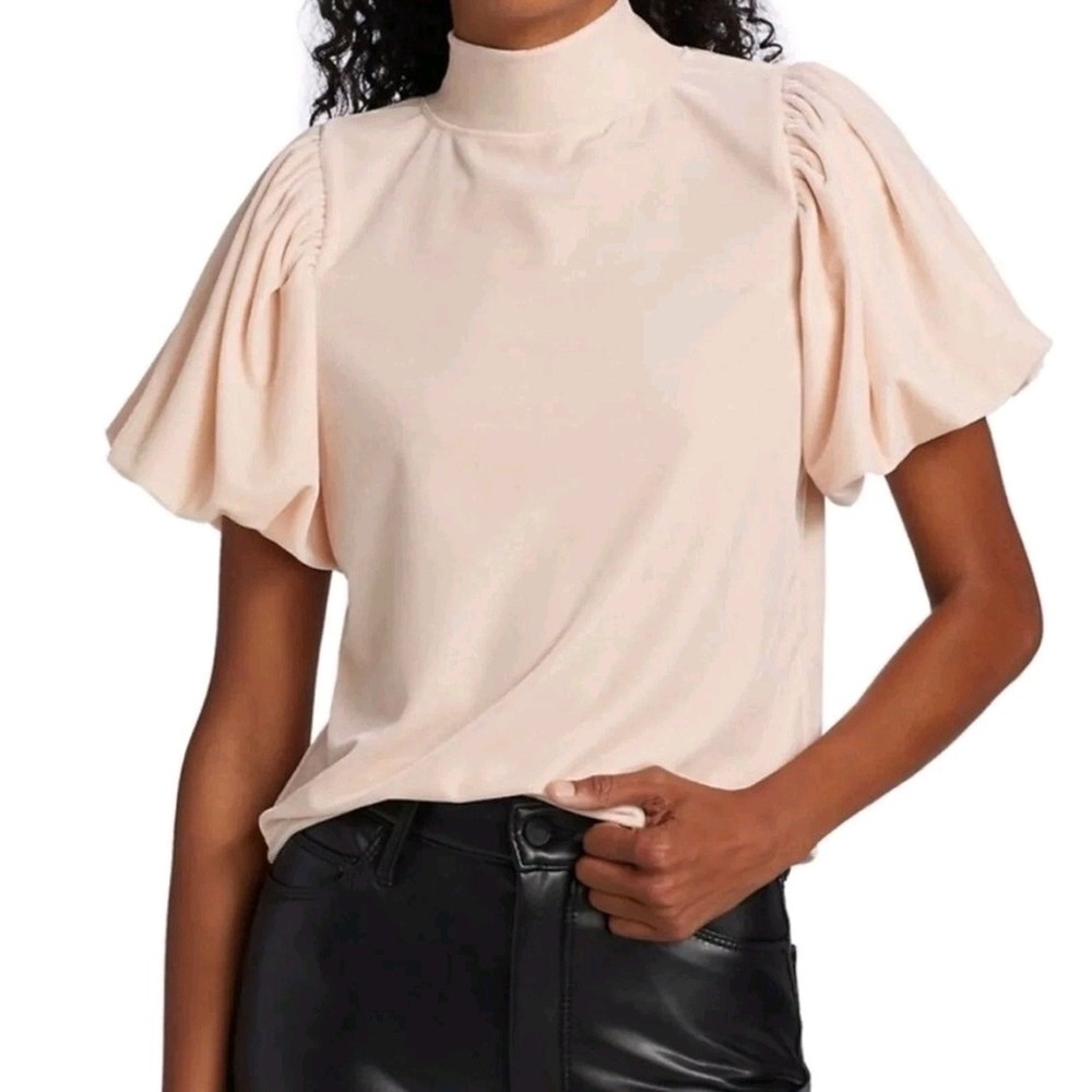 Free People Mock Turtleneck Plush Velvet Puff Sleeve Top Ballet Pink Medium